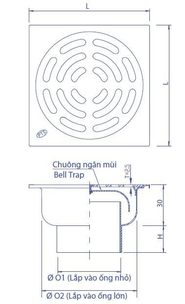 Bản vẽ kỹ thuật phễu thoát sàn inox F12SA