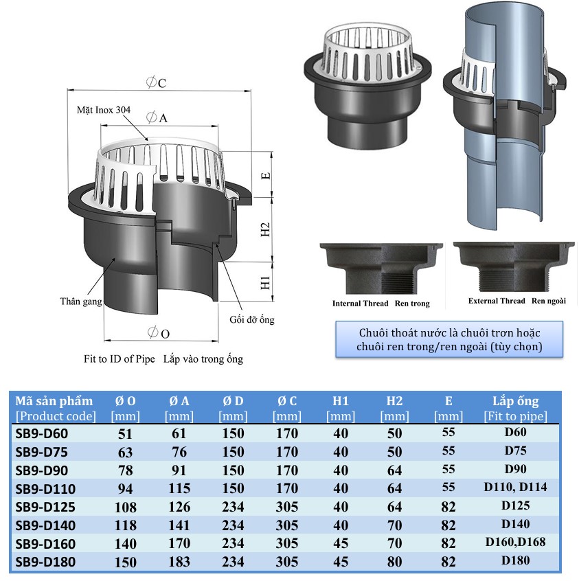 Phễu thu nước ban công thông tầng SB9